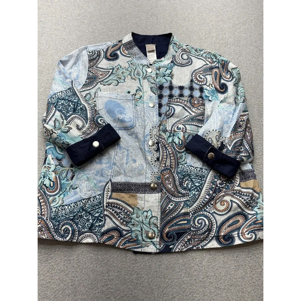 Chico's Jacket Womens 3 16/18 Reversible Linen Navy Paisley Patchwork Snap Front